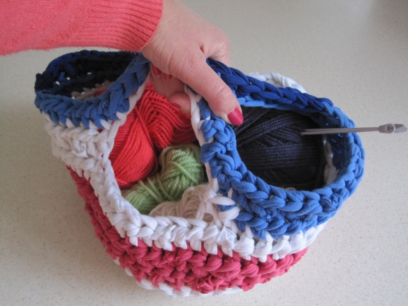 crochet basket being carried
